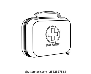 Illustration design of first aid bag, square shaped has a handle with a health logo in the middle, to store first aid emergency equipment, vector icon with black outline on white background