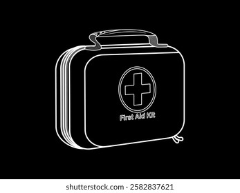 Illustration design of first aid bag, square shaped has a handle with a health logo in the middle, to store first aid emergency equipment, vector icon with white outline on black background