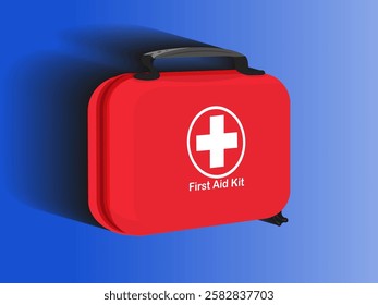 Illustration design of first aid bag, square shape has a handle with health logo in the middle, to store first aid emergency equipment, realistic icon vector with shadow on gradient blue background