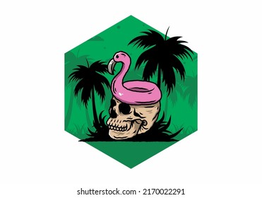 Illustration design of a Flamingo lifebuoy is on top of the skull