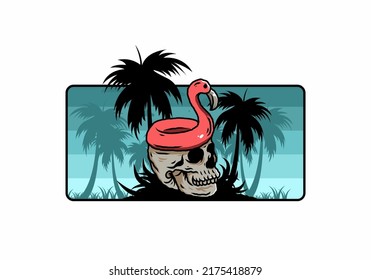 Illustration design of a Flamingo lifebuoy is on top of the skull