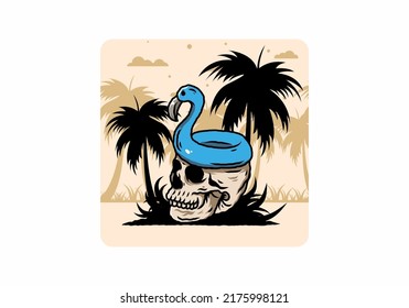 Illustration design of a Flamingo lifebuoy is on top of the skull