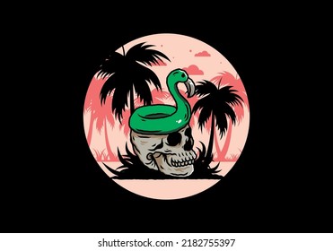 Illustration design of a Flamingo lifebuoy is on top of the skull