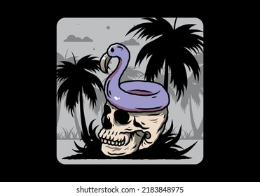 Illustration design of a Flamingo lifebuoy is on top of the skull