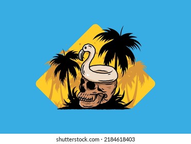 Illustration design of a Flamingo lifebuoy is on top of the skull