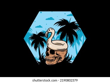 Illustration design of a Flamingo lifebuoy is on top of the skull