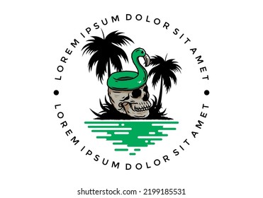 Illustration design of a Flamingo lifebuoy is on top of the skull