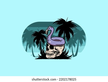 Illustration design of a Flamingo lifebuoy is on top of the skull