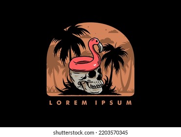 Illustration design of a Flamingo lifebuoy is on top of the skull