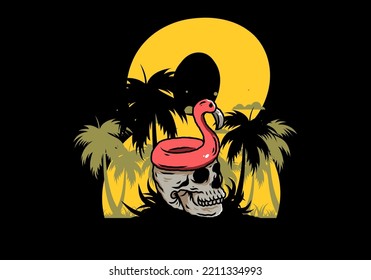 Illustration design of a Flamingo lifebuoy is on top of the skull
