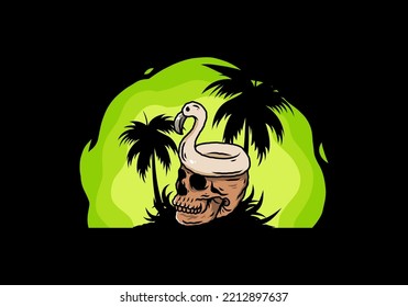 Illustration design of a Flamingo lifebuoy is on top of the skull