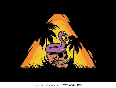Illustration design of a Flamingo lifebuoy is on top of the skull