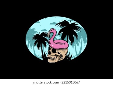 Illustration design of a Flamingo lifebuoy is on top of the skull