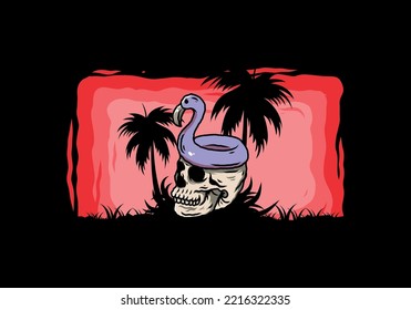 Illustration design of a Flamingo lifebuoy is on top of the skull