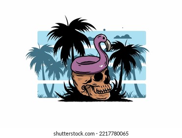 Illustration design of a Flamingo lifebuoy is on top of the skull
