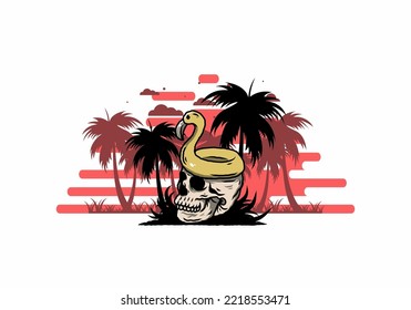 Illustration design of a Flamingo lifebuoy is on top of the skull