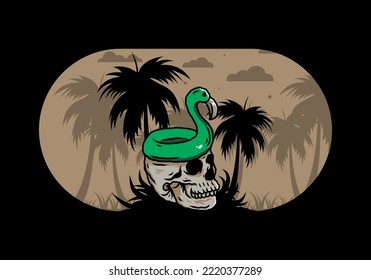 Illustration design of a Flamingo lifebuoy is on top of the skull
