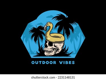 Illustration design of a Flamingo lifebuoy is on top of the skull