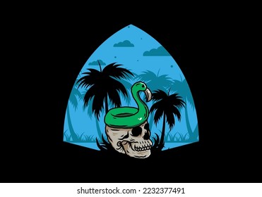 Illustration design of a Flamingo lifebuoy is on top of the skull