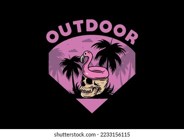 Illustration design of a Flamingo lifebuoy is on top of the skull