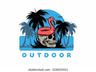 Illustration design of a Flamingo lifebuoy is on top of the skull