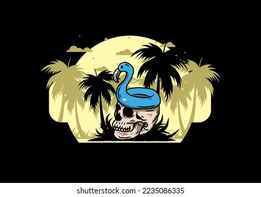 Illustration design of a Flamingo lifebuoy is on top of the skull