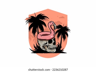 Illustration design of a Flamingo lifebuoy is on top of the skull