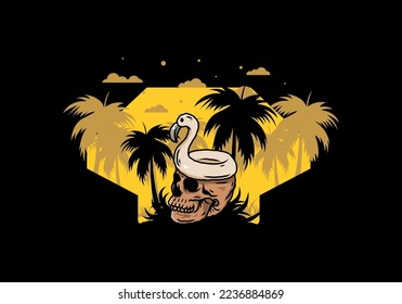 Illustration design of a Flamingo lifebuoy is on top of the skull