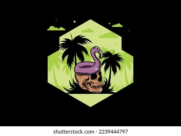Illustration design of a Flamingo lifebuoy is on top of the skull