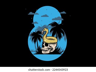 Illustration design of a Flamingo lifebuoy is on top of the skull
