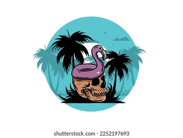 Illustration design of a Flamingo lifebuoy is on top of the skull