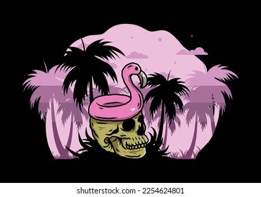 Illustration design of a Flamingo lifebuoy is on top of the skull