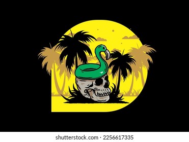 Illustration design of a Flamingo lifebuoy is on top of the skull