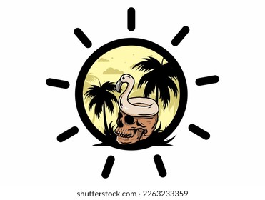 Illustration design of a Flamingo lifebuoy is on top of the skull