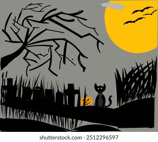 Illustration design of a full moon night scene with bats flying over a graveyard with trees and a cat with burning eyes.