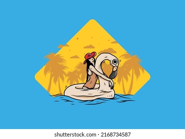 Illustration design of a Girl wearing beach hat in an inflatable lifebuoy Flamingo