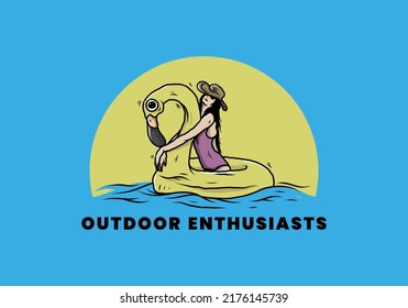 Illustration design of a Girl wearing beach hat in an inflatable lifebuoy Flamingo