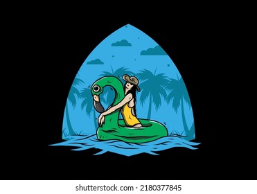Illustration design of a Girl wearing beach hat in an inflatable lifebuoy Flamingo