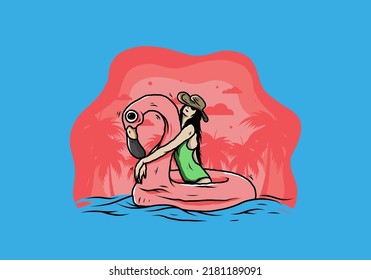 Illustration design of a Girl wearing beach hat in an inflatable lifebuoy Flamingo