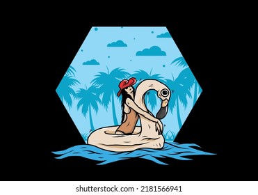Illustration design of a Girl wearing beach hat in an inflatable lifebuoy Flamingo