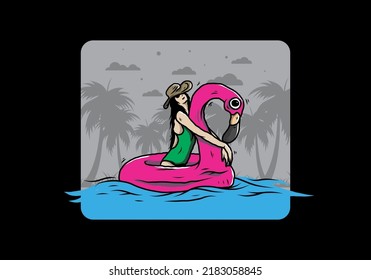 Illustration design of a Girl wearing beach hat in an inflatable lifebuoy Flamingo