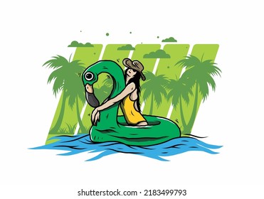 Illustration design of a Girl wearing beach hat in an inflatable lifebuoy Flamingo