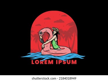 Illustration design of a Girl wearing beach hat in an inflatable lifebuoy Flamingo