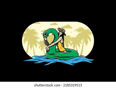 Illustration design of a Girl wearing beach hat in an inflatable lifebuoy Flamingo