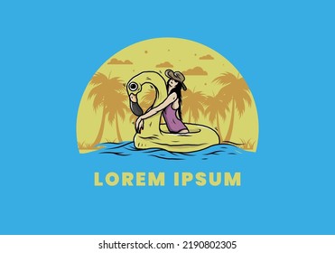 Illustration design of a Girl wearing beach hat in an inflatable lifebuoy Flamingo