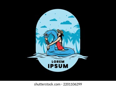 Illustration design of a Girl wearing beach hat in an inflatable lifebuoy Flamingo