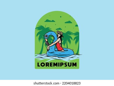 Illustration design of a Girl wearing beach hat in an inflatable lifebuoy Flamingo