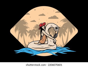 Illustration design of a Girl wearing beach hat in an inflatable lifebuoy Flamingo