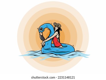 Illustration design of a Girl wearing beach hat in an inflatable lifebuoy Flamingo