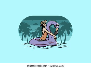 Illustration design of a Girl wearing beach hat in an inflatable lifebuoy Flamingo